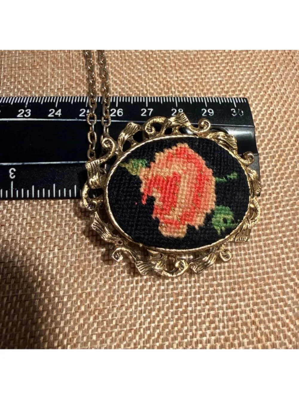 Vintage Needlepoint Rose Necklace Brooch Gold Tone Floral Convertible Pendant